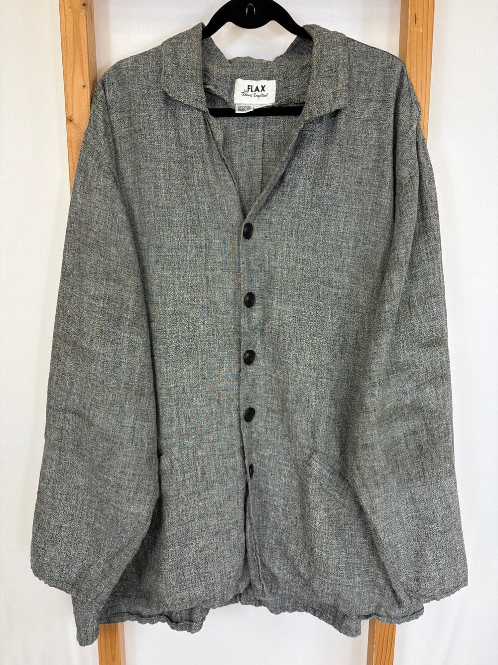 FLAX Grey 100% Linen Button Up Long Sleeve Shirt Pockets Size 2G 2X Lithuania